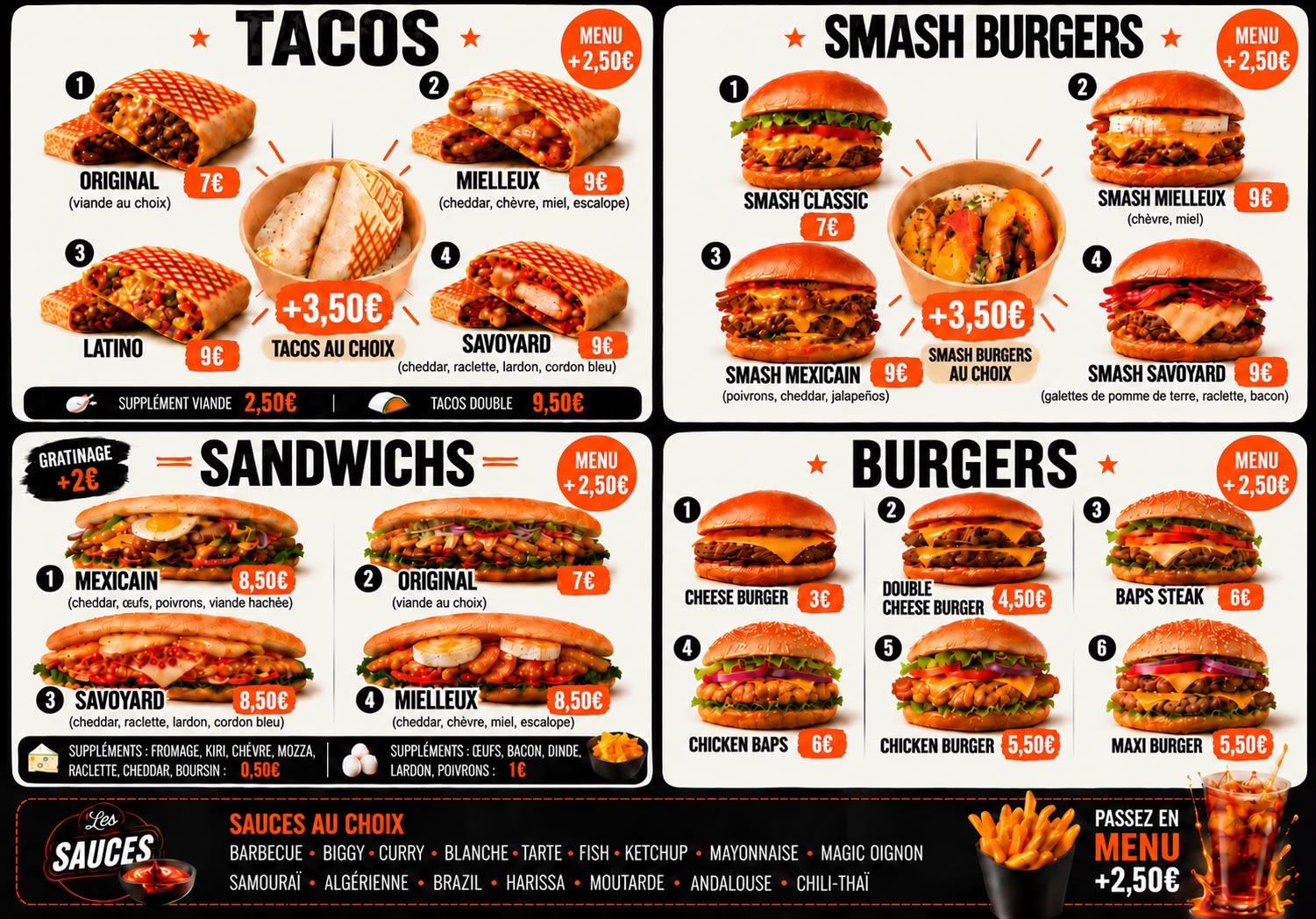 Carte Original Food : tacos, smash burgers, sandwichs et burgers